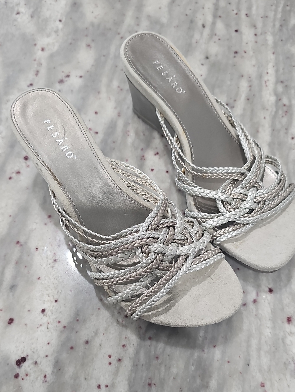 Pesaro Ivory & Silver Braided Toe Strap Block Heel Mules